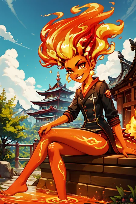 score_9, score_8_up, score_8, BREAK, , zzLavaGirl, black scales, colored skin, monster girl, orange skin, fire, fiery hair, red skin, molten rock, red hair, <lora:Lava_Girl_PDXL:1.0>, , BREAK, sitting on bench, side view, smile, looking at viewer, cowboy shot, ,,, BREAK, pnkBldng, sky, day, cloud, tree, blue sky, building, architecture, east asian architecture, ,,, BREAK, embedding:zPDXL, Expressiveh, ,,, <lora:PinkBuildingsPDXL_v2:0.6>, <lora:SDXLFaeTastic2400:0.5>, <lora:Expressive_H-000001:0.4>