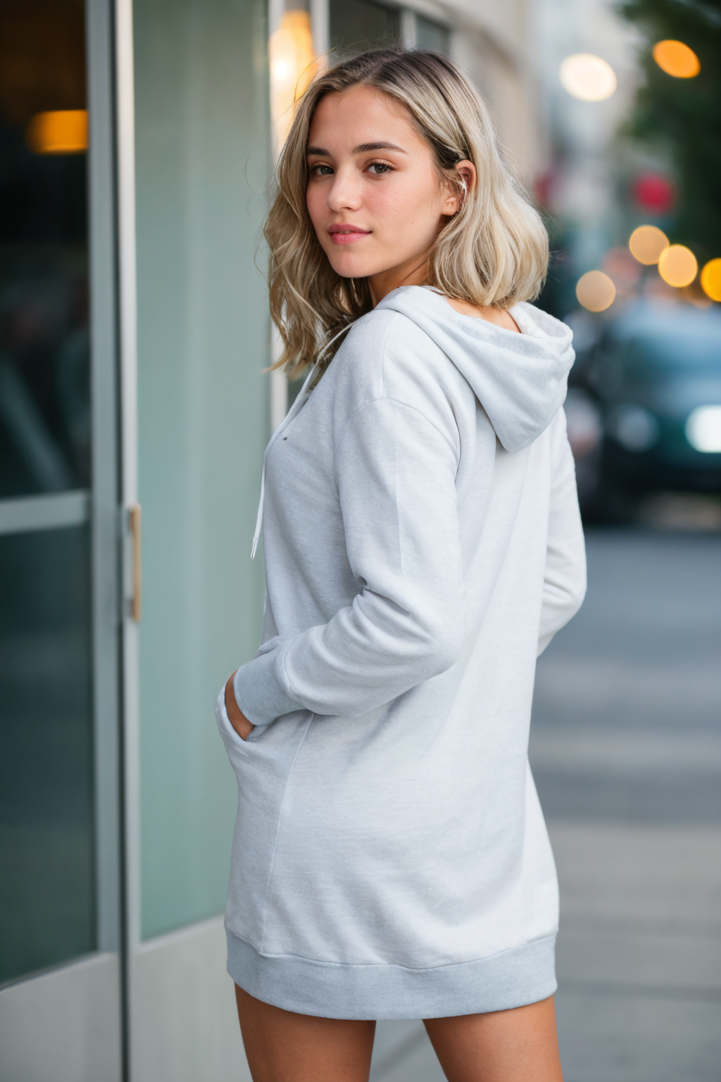 a beautiful college girl with white-hair and blue-eyes, irresistible, standing in front of window, ideal cute face, back view, (casual:1.2), wearing hooded dress, pale skin, blush, detailed skin, innocent, natural lighting, film grain, retro, (bokeh:1.3), Porta 160 color, shot on ARRI ALEXA 65, sharp focus on subject, Fujifilm XT-3, <lora:picxer_real:0.8>,  <lora:bthoddre:0.7>