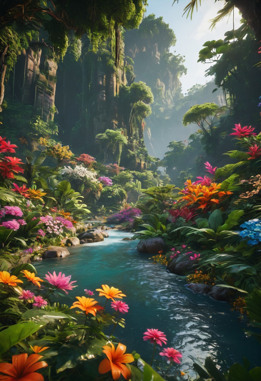 unreal engine 5 render, jungle, river, flowers, extremely detailed, colorful