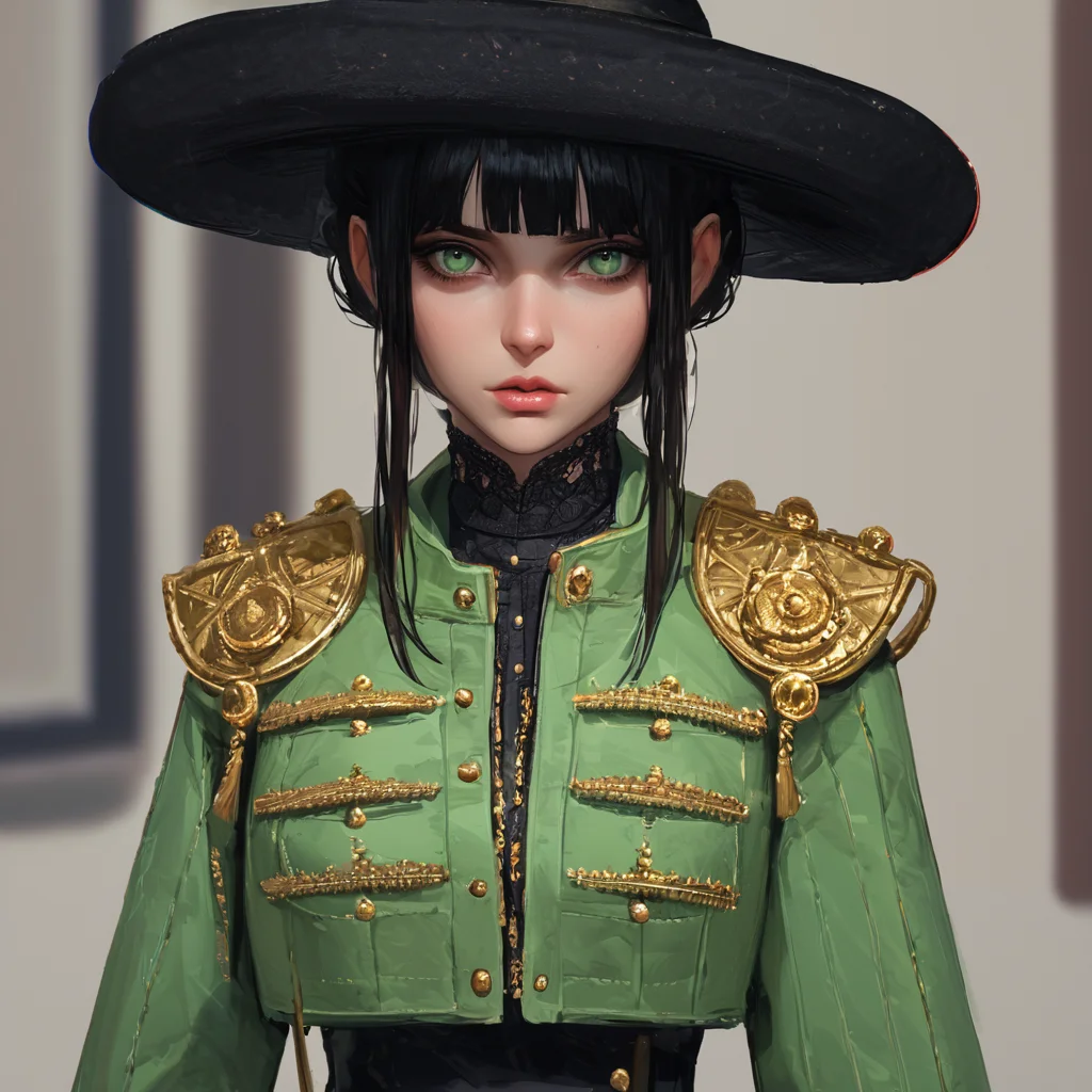 score_9, score_8_up,  half length, solo, willowy 1girl wearing plain (black gauze) maxi skirt , green and gold jacket,  black wide brim hat, dark skin, deep tan, updo, blunt bangs, perfect face, plain white silk blouse,  (brown:green:0.8) eyes, [medium|big] breasts, full lips,  new york city sidewalk
<lora:traje_PNY_Panache:0.6>