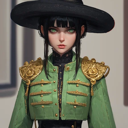 score_9, score_8_up,  half length, solo, willowy 1girl wearing plain (black gauze) maxi skirt , green and gold jacket,  black wide brim hat, dark skin, deep tan, updo, blunt bangs, perfect face, plain white silk blouse,  (brown:green:0.8) eyes, [medium|big] breasts, full lips,  new york city sidewalk
<lora:traje_PNY_Panache:0.6>