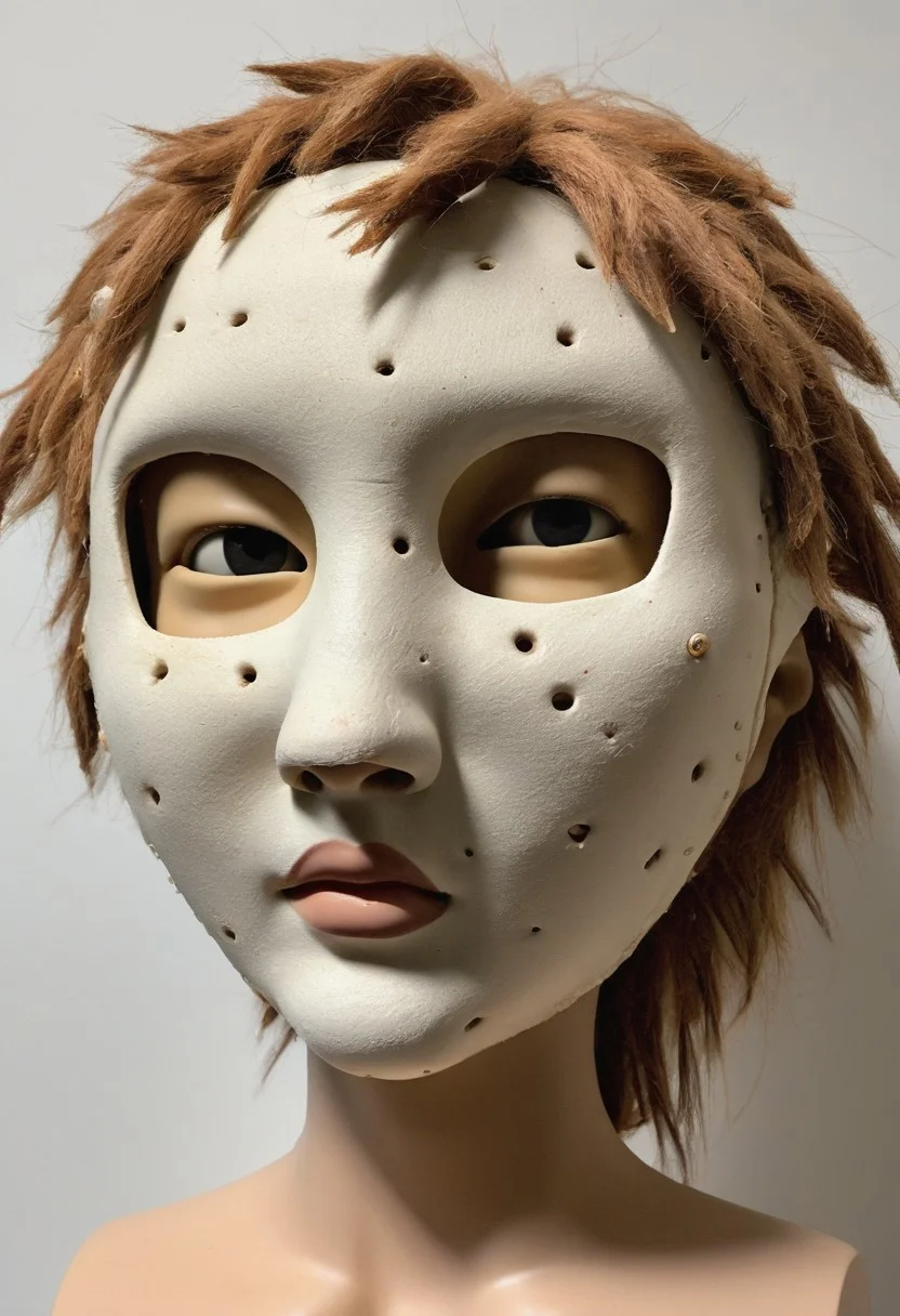 A mask made from a doll heads, doll faces, fastened together with visible rough stitches. The heads are of different hair color and expressions and skin collors — all clashing in a chaotic yet intentional way. The mask covers the entire face, with large, uneven holes for the eyes and mouth that give it a doll-like, almost creepy appearance. the mask’s bizarre, handmade look, as if it’s a product of a wild, creative mind gone mad.