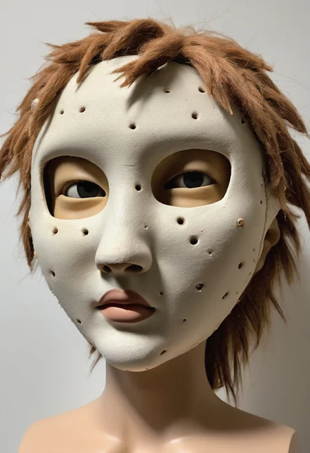 A mask made from a doll heads, doll faces, fastened together with visible rough stitches. The heads are of different hair color and expressions and skin collors — all clashing in a chaotic yet intentional way. The mask covers the entire face, with large, uneven holes for the eyes and mouth that give it a doll-like, almost creepy appearance. the mask’s bizarre, handmade look, as if it’s a product of a wild, creative mind gone mad.