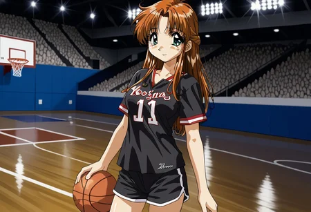 detailed background, shiny skin, rating safe, <lora:komirin.pony:1.0>, komirin, seina, solo, looking at viewer, :o, medium breasts, black shirt, short sleeves, clothes writing, black shorts, standing, indoors, arena, basketball court