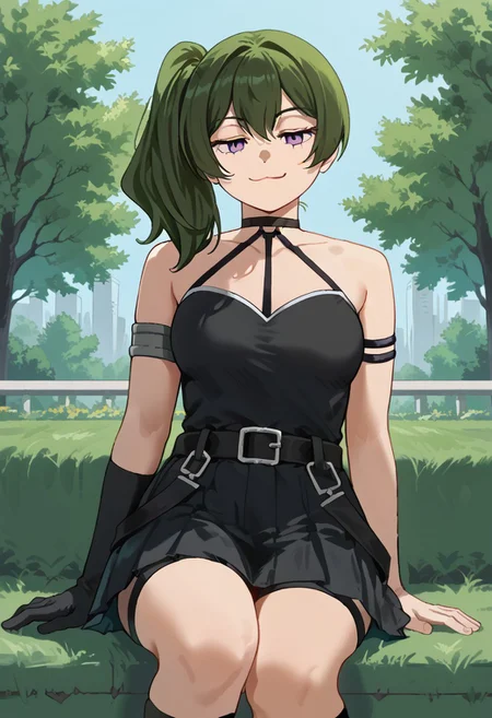 score_9, score_8_up, score_7_up, score_6_up, score_5_up, score_4_up, Ubel_(Sousou_no_Frieren),
purple_eyes, green_hair, medium_hair, side_ponytail, medium_breasts
purple_eyes, green_hair, medium_hair, side_ponytail, medium_breasts, black_dress, pleated_dress, sleeveless_dress, halterneck, o-ring_choker, black_choker, arm_strap, armlet, thigh_strap, black_belt, belt_buckle, single_elbow_glove, black_gloves,
park, benach, (cat.1.8), cat on lap, smug, :3, cat smile,