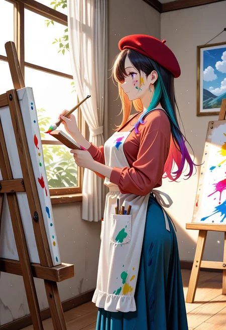 (masterpiece, fine art, digital drawing, artwork, digital art, best quality, amazing quality, absurd res, vivid colours, hires), artistic, colorful, beret, apron, shirt, long skirt, paint stained clothes, holding_brush, art_brush, paint pallet, paint on face, canvas, artist, painting_(action), side view, easel, light particles , see-through curtains, dappled light, window,