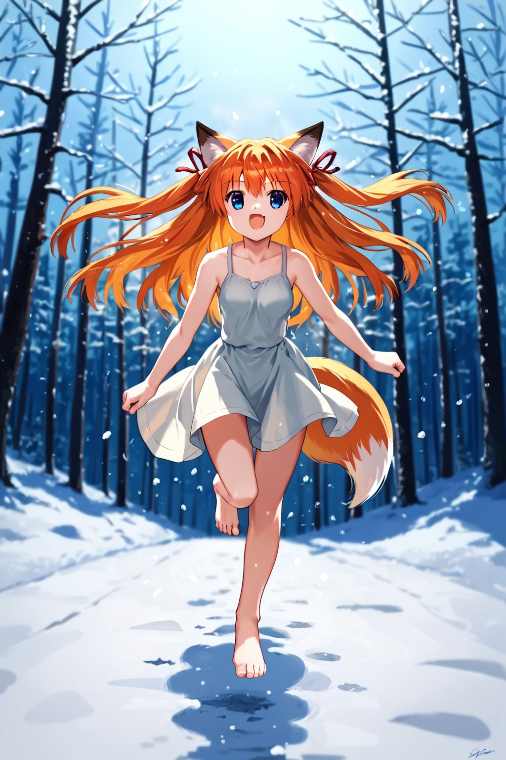 score_9, score_8_up, score_7_up, score_6_up, rating_safe, source_anime, best quality, masterpiece, detailed background, detailed eyes, cowboy shot, forest, snow, fox ears, fox tail, brown sundress, running and jumping, <lora:sawatari-makoto-xl-06:1>, sawatari makoto, two side up, orange hair, blue eyes, no pants, no socks, no shoes, open mouth, fang, small breasts,