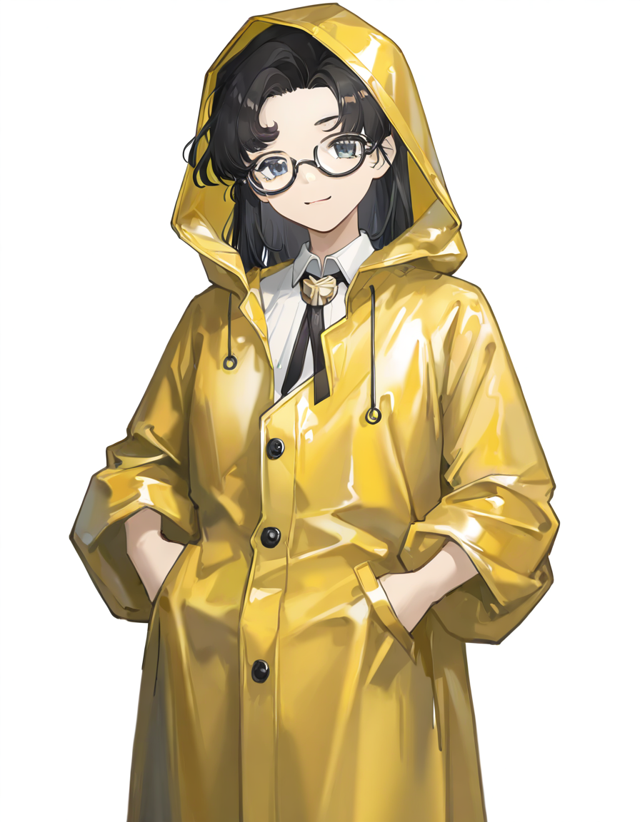 zhangzhizhi,1girl,solo,simple background,white background,looking at viewer,cowboy shot,smile,<lora:zhangzhizhi-000008:0.9>,(alternate costume:1.3),raincoat,yellow raincoat,, masterpiece, best quality, very aesthetic, absurdres,newest, incredibly absurdres,