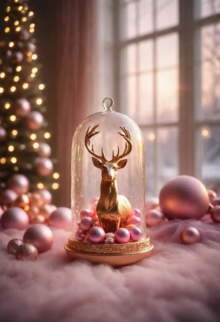 christmas tree, big pink bows, rose gold and purple balls, deer in glass, Golden hour, Sony a7R IV camera, Meike 85mm F1.8 lens