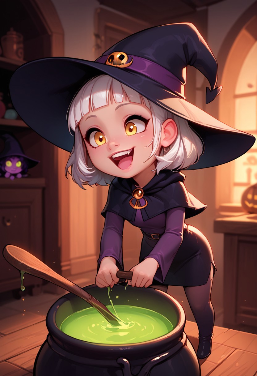 best quality, highly detailed, score_9, score_8_up, score_7_up, score_6_up,source_anime, BREAK, expressiveh, 1girl(Mikola from AFK Journey/,(ultra HD quality details), short white hair, hair hanging loose, (yellow eyes), SFW, Safe For Work, wide eyes, cutest girl in the world), source_cartoon, lineless, lilandavastyle, easynegative, g0thicPXL, glowing, neon, depth of field, makeup, Halloween theme, creepy haunted house interior, wearing a dark purple witch's outfit with a pointy witch hat, solo girl only, cute image, chibi, gleeful expression, stirring a huge cauldron with a giant wooden spoon, neon green glowing smoke pouring out of the cauldron, evil laughing,