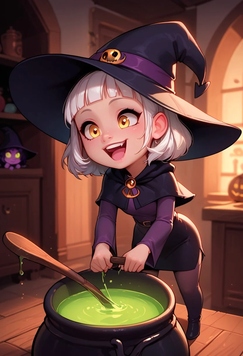 best quality, highly detailed, score_9, score_8_up, score_7_up, score_6_up,source_anime, BREAK, expressiveh, 1girl(Mikola from AFK Journey/,(ultra HD quality details), short white hair, hair hanging loose, (yellow eyes), SFW, Safe For Work, wide eyes, cutest girl in the world), source_cartoon, lineless, lilandavastyle, easynegative, g0thicPXL, glowing, neon, depth of field, makeup, Halloween theme, creepy haunted house interior, wearing a dark purple witch's outfit with a pointy witch hat, solo girl only, cute image, chibi, gleeful expression, stirring a huge cauldron with a giant wooden spoon, neon green glowing smoke pouring out of the cauldron, evil laughing,