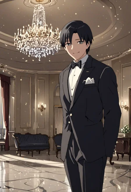 Highres, Masterpiece, High Quality, 4K, 8K, solo, 1Boy, Takaki Toono, adult, black hair, short hair, ballroom, luxury hotel, luxury room, marble floor, crystal chandelier, classic ornaments, tuxedo, smile, musterius, classy, confident, rich, easynegative, detailed_eye_model