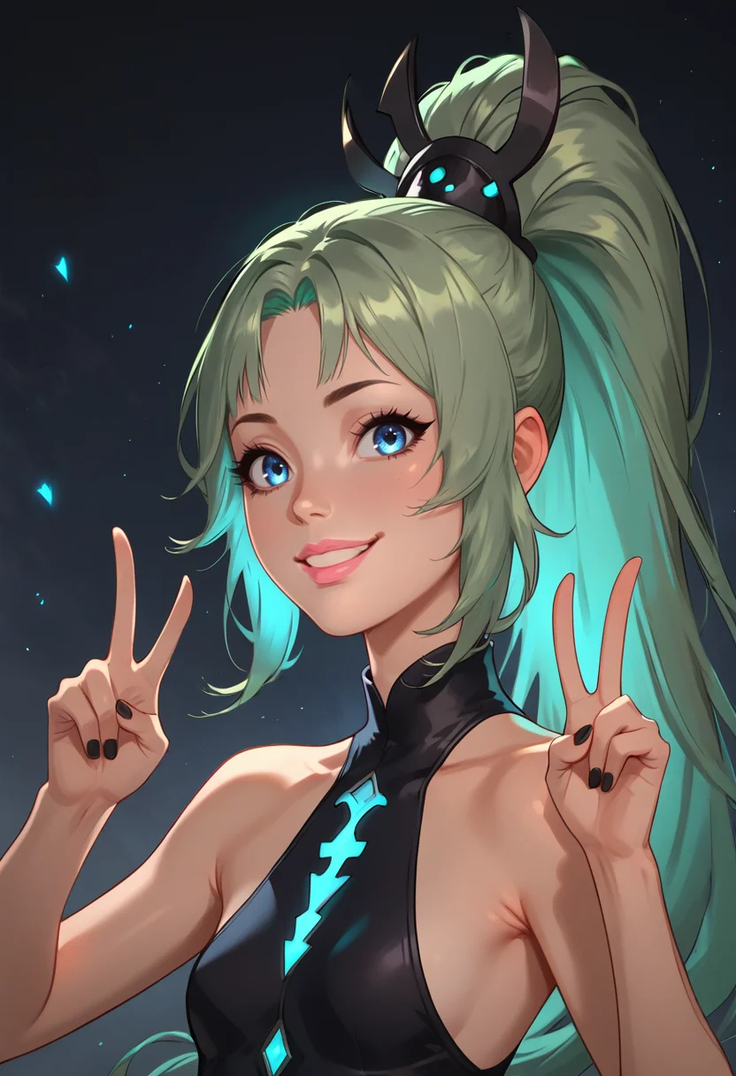 score_9, score_8_up, score_7_up, 1girl, from side, green hair, long hair, high ponytail, bangs, arched bangs, blue eyes, pink lips, black eyeliner, small breasts, smiling, open shoulders, (hair ornament:0.7), double V, :P, <lora:Breast Slider - Pony_alpha1.0_rank4_noxattn_last:-0.5> <lora:c00lw0rldXLP:0.3> c00lw0rld <lora:c0l0urgl0wXLP:0.6> c0l0urgl0w, glowing <lora:easynegative:1> <lora:Expressive_H:1> <lora:incase-ilff-v3-4:0.2> <lora:IngAnimePony:0.2> <lora:mgxt:0.4> mgxt <lora:StS_detail_slider_v1:2> <lora:xl_more_art-full_v1:0.2> <lora:age_slider_v4:0> <lora:Str1pp3r3ll4XLP:0.3> str1pp3r3ll4 <lora:Smooth Anime 2 Style SDXL_LoRA_Pony Diffusion V6 XL:0.7>