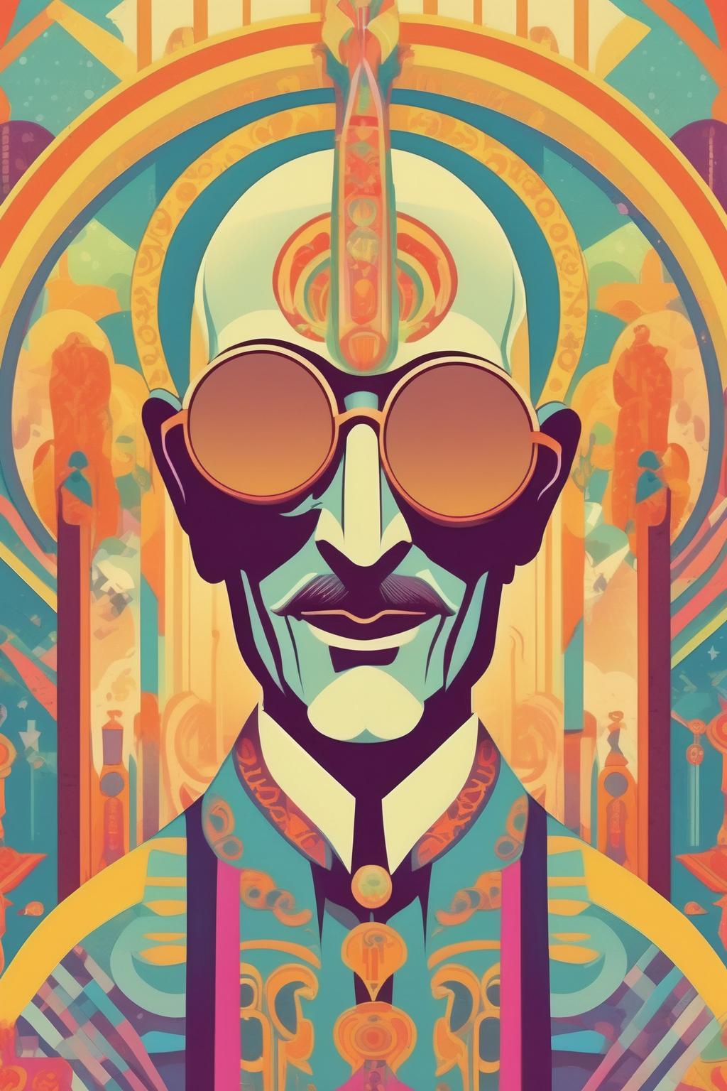 <lora:Victor Moscoso Style:1>Victor Moscoso Style - pop art deco nouveau, flat 2d vector design, Bald dj high priest by Norman Saunders, lisa frank, James Gilleard and barry moser -