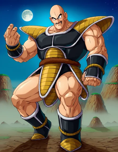 zPDXL2, source_anime,
nappaxl, solo, 1boy, full body,looking at viewer, bald, black eyes, mustache,
boots, gloves, saiyan armor, thighs,
night,moon,star \(sky\), flowing,
<lora:nappaxl3:1>
