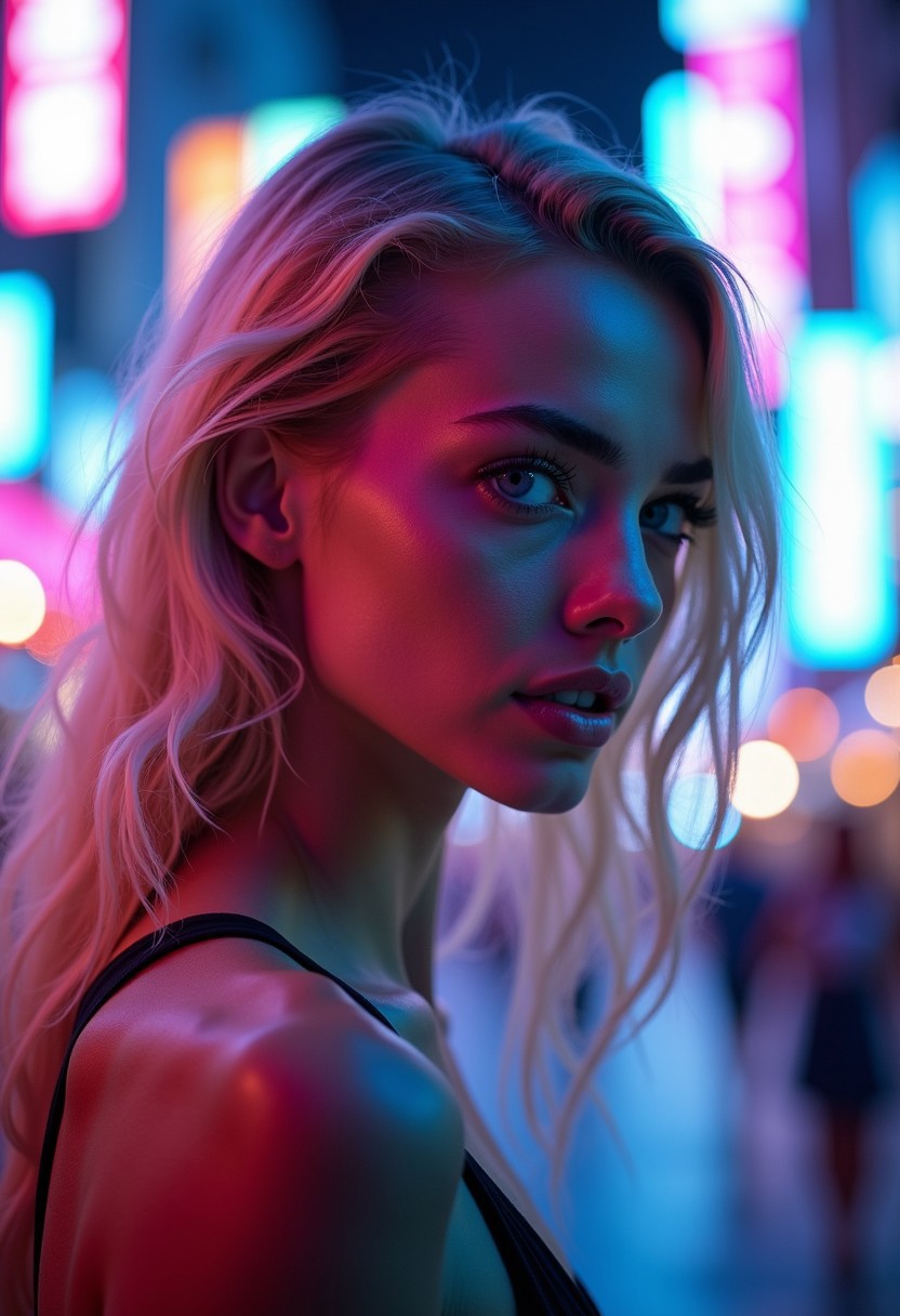 A stunning blonde female in a profile portrait, her sharp features highlighted by the neon glow around her. Her piercing blue eyes lock onto the viewer with an intense, Amazonian gaze, radiating confidence and power. The background is a futuristic cityscape at night, a blur of towering skyscrapers and glowing neon signs that blend into a kaleidoscope of colors. A neon color gradient overlays the scene, casting her face in hues of electric blues, purples, and pinks. Soft bokeh lights dance across the image, creating a dreamlike effect, while the light catches the delicate strands of her hair, making them shimmer like spun gold. The atmosphere is electric and surreal, the neon lights reflecting in her eyes, enhancing her allure with a vibrant, otherworldly beauty.