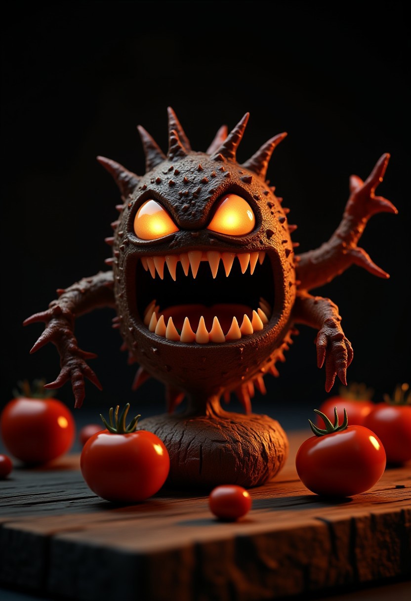 A menacing, monstrous chestnut with glowing eyes and sharp, jagged teeth carved into its spiny, textured shell. Its vine-like arms stretch outward menacingly, as if ready to pounce. The chestnut is intricately carved with hyper-realistic details, giving it a lifelike, eerie expression. It sits ominously on a rustic wooden table, the grain of the wood visible beneath it. Scattered around the chestnut are vibrant red tomatoes, their glossy skins reflecting the soft, moody lighting of the scene. The atmosphere is dark and shadowy, with a hint of warm, golden light casting dramatic highlights,aidmaMJ6.1