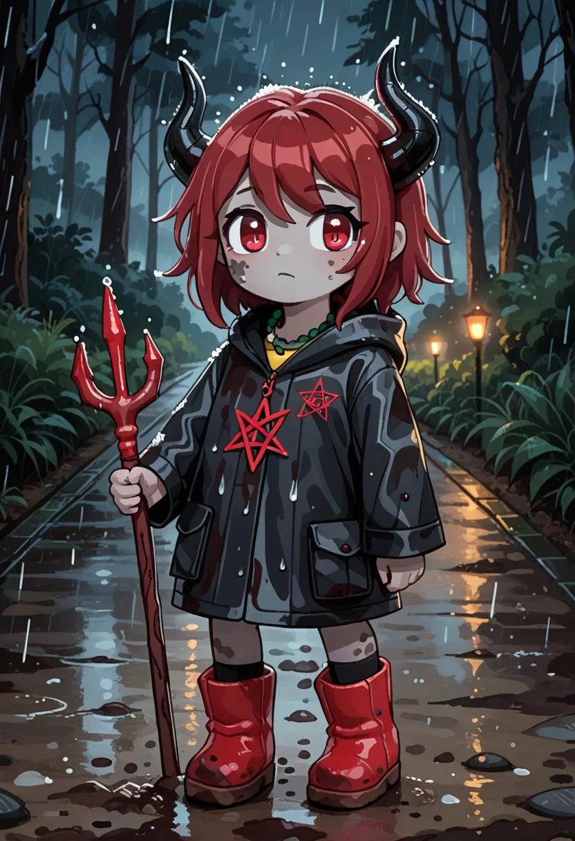score_9, score_8_up, score_7_up, BREAK
highres, highly detailed, high resolution, high quality,
source_anime, anime screencap, saturation, vivid colors,
1girl, solo, luce, full body, standing, demon girl,
(dark red hair:1.2), (big dark red eyes:1.1), medium hair, cute, (grey skin:1.1), (horns:1.2),
(long black raincoat:1.1), dirty black rubber boots,
pentagram necklace, holding red trident,
cute, bokeh,
blurry background, forest background, path, rain,
stkyswt
