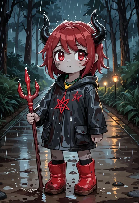score_9, score_8_up, score_7_up, BREAK
highres, highly detailed, high resolution, high quality,
source_anime, anime screencap, saturation, vivid colors,
1girl, solo, luce, full body, standing, demon girl,
(dark red hair:1.2), (big dark red eyes:1.1), medium hair, cute, (grey skin:1.1), (horns:1.2),
(long black raincoat:1.1), dirty black rubber boots,
pentagram necklace, holding red trident,
cute, bokeh,
blurry background, forest background, path, rain,
stkyswt
