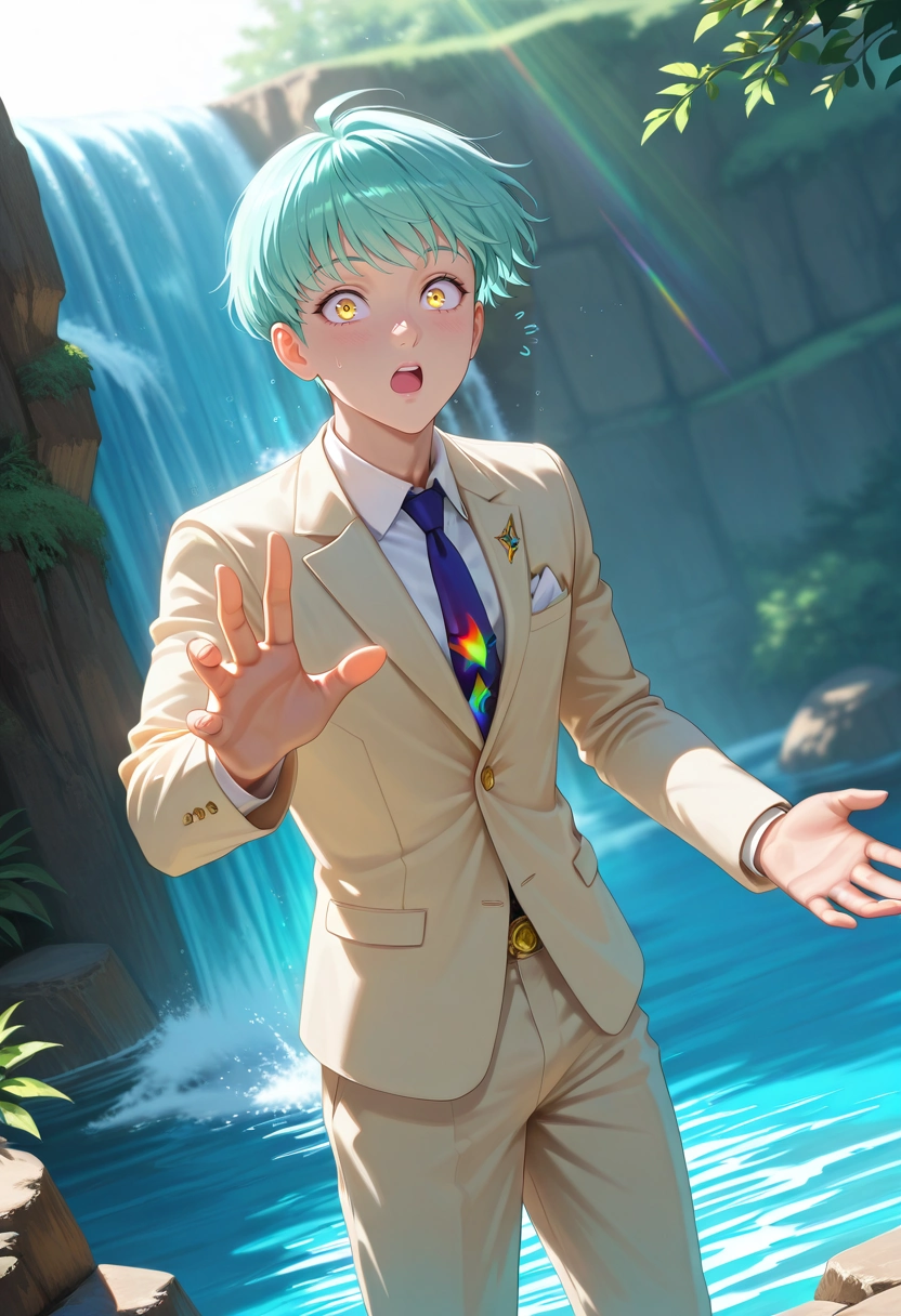 masterpiece, best quality, , (photorealistic:0.6), looking at viewer, 1boy, solo, male focus, <lora:sariel_nnt_ilxl:0.98>, sariel_nnt, aqua hair, yellow eyes, short hair, , hidden waterfall, mossy rocks, rainbow mist, ferns, reaching out, amazed expression, filtered sunlight, suit trousers,