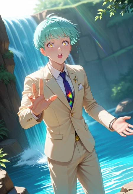 masterpiece, best quality, , (photorealistic:0.6), looking at viewer, 1boy, solo, male focus, <lora:sariel_nnt_ilxl:0.98>, sariel_nnt, aqua hair, yellow eyes, short hair, , hidden waterfall, mossy rocks, rainbow mist, ferns, reaching out, amazed expression, filtered sunlight, suit trousers,