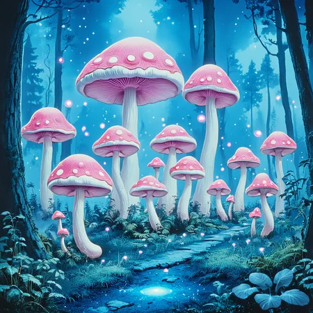 <lora:60sPsychedelicMovie2SDXL:1> ArsMovieStill, movie still from a 60s psychedelic movie, The image is a digital illustration of a group of pink mushrooms in a forest. The mushrooms are arranged in a cluster with the largest mushroom in the center and smaller ones scattered around it. The background is filled with trees and shrubs and the sky is a deep blue with small white dots scattered throughout. The overall mood of the image is peaceful and serene with a sense of mystery and wonder. The colors are soft and dreamy giving the impression of a magical and ethereal atmosphere., mushroom, nature, no humans, scenery, forest, tree, outdoors, light particles, grass, fireflies