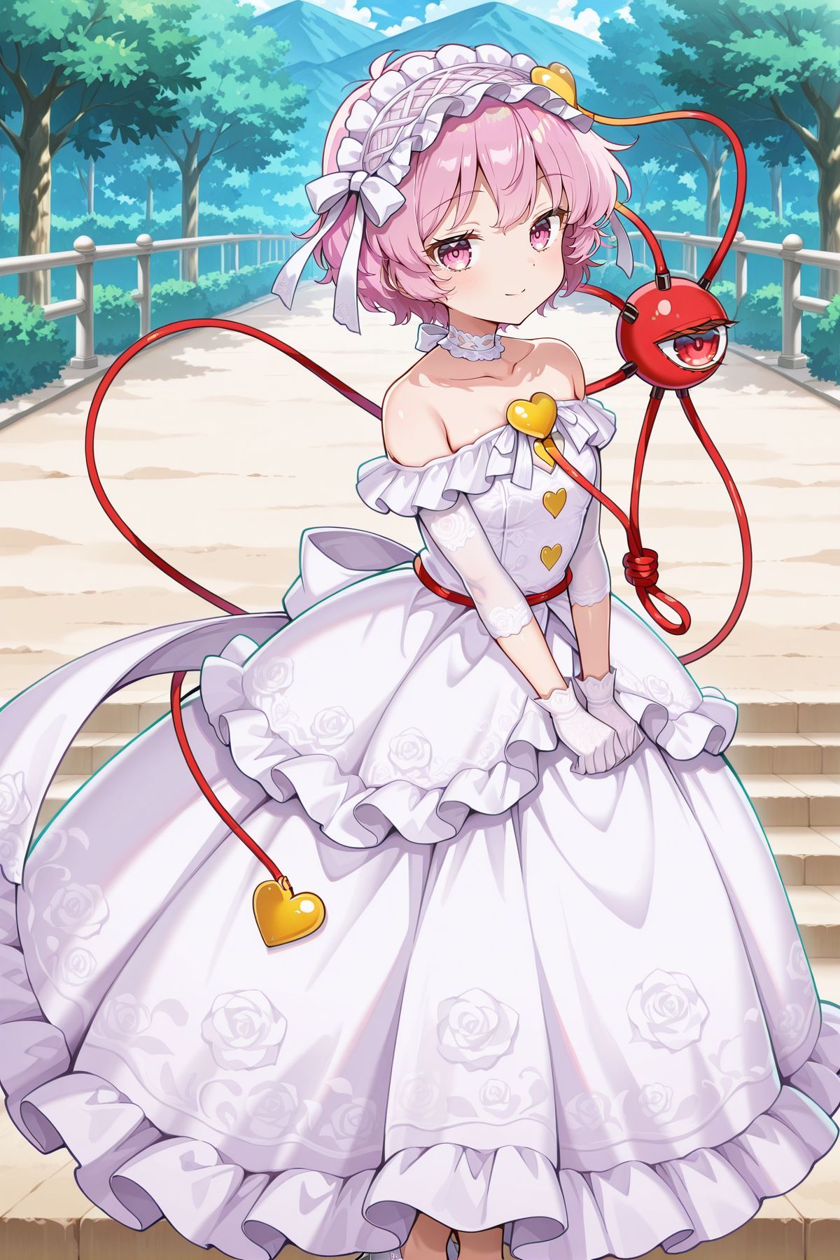 absurdres, highres, masterpiece, best quality, amazing quality, official anime artwork, screencap, anime screencap, looking at viewer, outdoors, smile, 
<lora:Komeiji-Satori_IllustriousV2:1> komeiji satori, 1girl, solo, pink eyes, pink hair, short hair, third eye,, komeiji satori \(blank white map of the underworld\), alternate costume, frilled hairband, white hairband, heart hair ornament, crystal hair ornament, white choker, off shoulder, bare shoulders, wedding dress, strapless dress, long dress, yellow buttons, heart button, white gloves, white shoes, high heels,