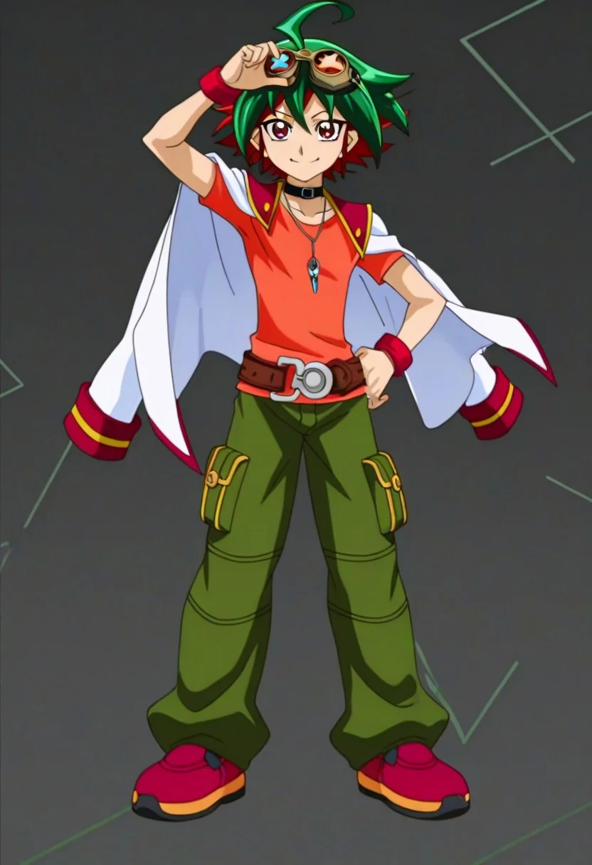 Anime, anime screencap, anime coloring, official art, ((1male only, 1boy only, male focus, one male character only, single male character only, single illustration only)), bishonen, handsome, attractive, cute, sexy, good-looking, tall body, tall height, slim figure, Yuya Sakaki, two-tone hair, multicolored hair, green and red hair, ahoge, goggles on head, red eyes, choker, pendant, orange t-shirt, ((blazer over shoulders)), red wristbands, belt, green baggy pants, shoes, full body shot, happy, smile, front view, facing front, sci fi background, technology background, holograms background
