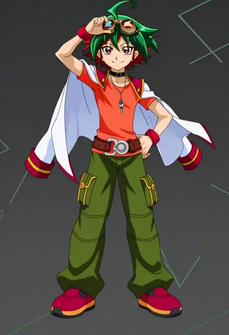 Anime, anime screencap, anime coloring, official art, ((1male only, 1boy only, male focus, one male character only, single male character only, single illustration only)), bishonen, handsome, attractive, cute, sexy, good-looking, tall body, tall height, slim figure, Yuya Sakaki, two-tone hair, multicolored hair, green and red hair, ahoge, goggles on head, red eyes, choker, pendant, orange t-shirt, ((blazer over shoulders)), red wristbands, belt, green baggy pants, shoes, full body shot, happy, smile, front view, facing front, sci fi background, technology background, holograms background