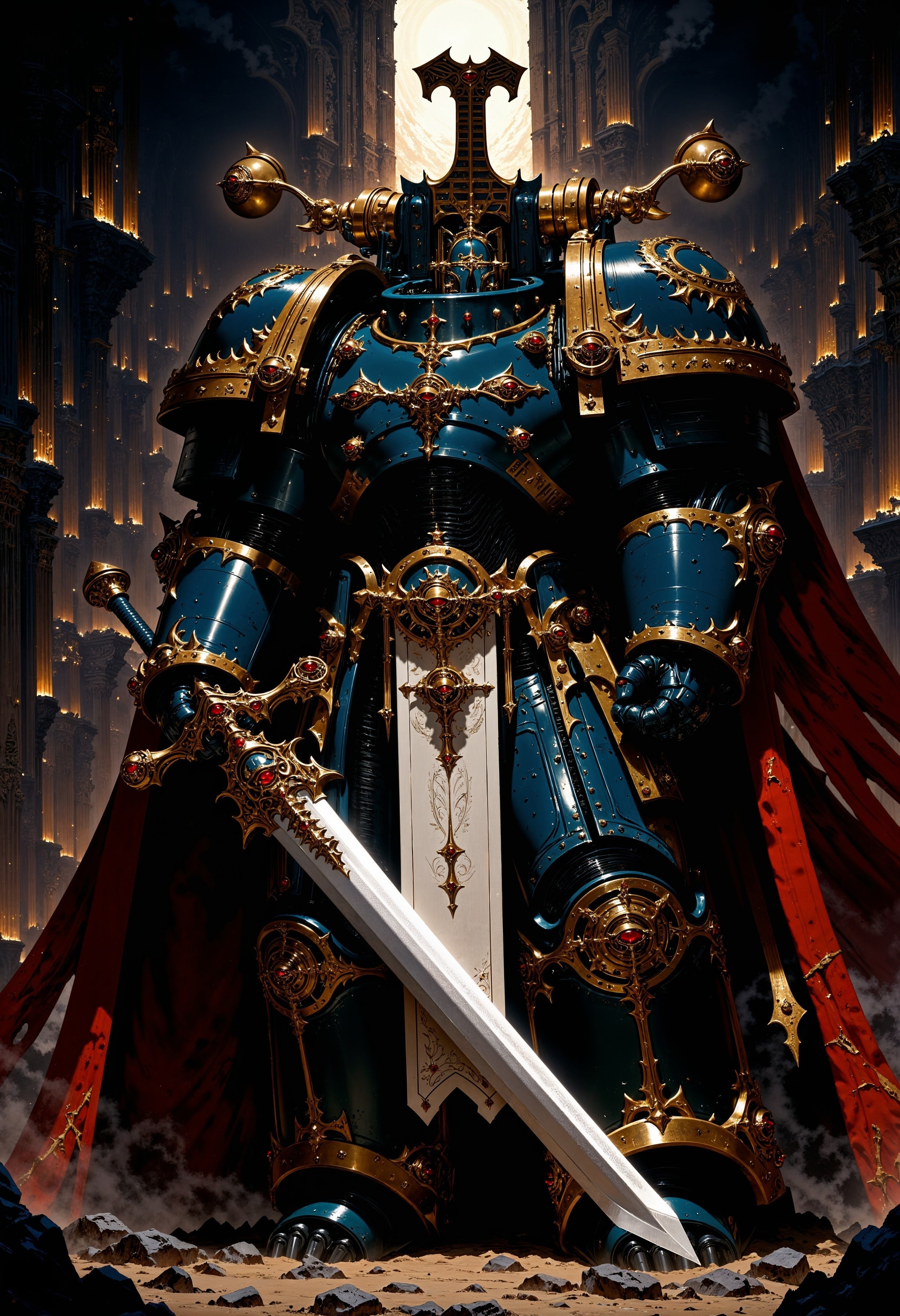 a ThouS40k knight in full armor. The style is dark and dramatic, with a focus on the intricate details of the armor, which is metallic and reflective, showing signs of wear and battle. The knight is positioned dynamically, holding a large sword in a combat-ready stance. The armor includes a helmet with a visor, obscuring the face, and chainmail visible at the joints. The background is a dark, smoky environment with glowing embers and sparks, enhancing the intense and action-oriented atmosphere. The color palette is dominated by blue and gold, with highlights of red from a tattered cape flowing behind the knight. <lora:FluxThouS40k:0.9> <lora:FluxMythP0rtr4itStyle:0.6> <lora:flux.1_lora_flyway_Epic-Characters_v1:0.6> <lora:Elden_Ring_-_Yoshitaka_Amano:0.33>