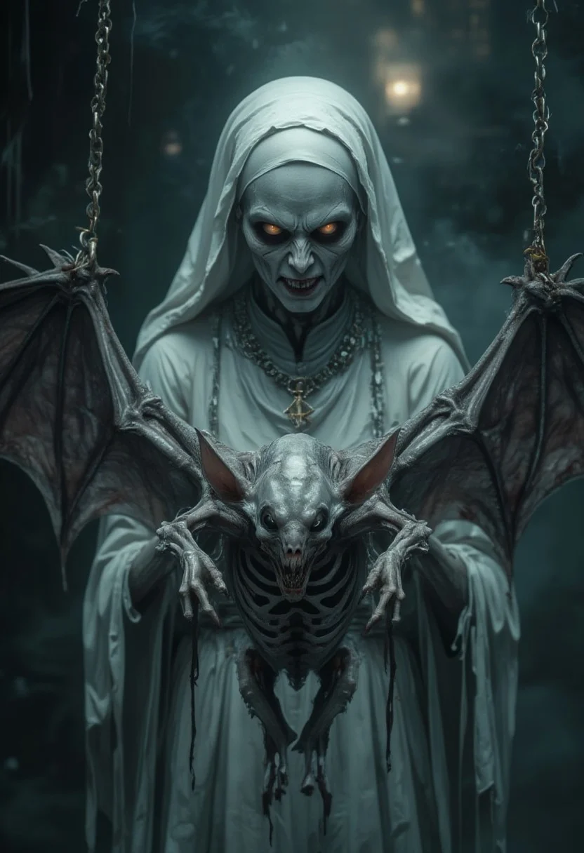 horror show, monster, nightmare, fear,
Highly detailed, digital artwork of a macabre, surreal scene: a pale, expressionless nun with stark white habit, dark hollow eyes, and sharp teeth, wearing a chain with a crucifix pendant. Her face is covered in thick white makeup, giving a ghostly, skeletal appearance. A small, bat-like creature with humanoid face and wings is suspended before her, with wide eyes and sharp teeth, pale grayish skin, and visible ribs and joints. Dark, smoky background with faint, glowing light source, emphasizing the eerie atmosphere.