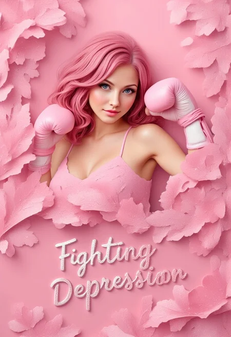 aidmaTextImprover, greeting card style captures BCA essence, hyper detailed realistic cartoon beautiful woman looking at the viewer. her arm is up in a victory pump with a clinched boxing glove fist. hair is multi colored. exact text focus [[[Fighting Depression]]] satin pink looped awareness ribbon, gradient satin pink looped awareness ribbon bokeh background pink, redglitter pastel watercolor, in the style of Gorjuss, Joan Walsh Anglund,soft-focus and diffused lighting akin to Paolo Roversi, imbued with Tim Burton's macabre touch, Kris Kuksi-like intricate background detail, digital painting, ultra-detailed, cinematic.