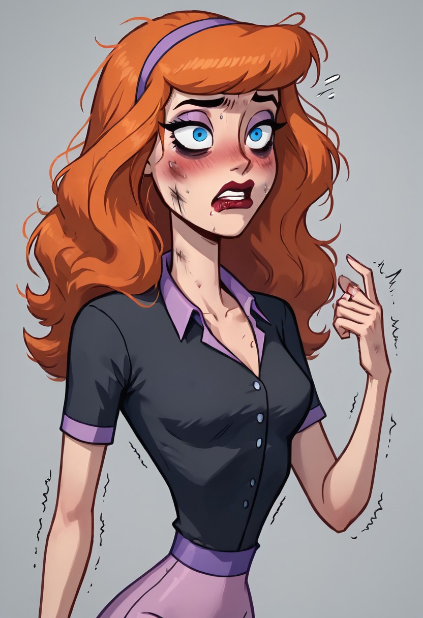 score_9, score_8_up, score_8, 1girl , Daphne, Daphne Blake,1girl, solo, petite, petit, no breasts, 40 year old, shaggy mullet, blue eyes, orange hair,  B3th3rz, PartierBetherz, black shirt, button up blouse, extra tight open collar, extra tight shirt, extra tight pants, ragged clothes. crumpled hair, bad hair,dirty clothes, wrinkled clothes,one eye higher than another, twisted mouth, messed hair, messy hair, in love, extremely in love, blush, arousal, seductive, seductive face, shaking, destroyed face, destroyed body, awful skin face,  long hair, makeup, lipstick, young, skinny, narrow waist, fragile, sexy, perfect body,detective betheerz dress, dynamic pose, posing,  wounds, hit herself,  selfharm, self harm, wounds on face, wounds on body, extreme amount of wounds, wounds everywhere, tired, tired af, extremely tired, tired eyes, huge amount of tireness, absolutely tired, bags under eyes, shiners, stupid, dumb, extremely stupid, extremely dumb, no brain, brain damage, stupid blonde, extremely stupid blonde,  blue eyes, eye twitching, nervous eye twitching, extremely hard eye twitching, totally burnt hair, sexy, horny