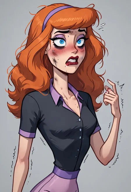 score_9, score_8_up, score_8, 1girl , Daphne, Daphne Blake,1girl, solo, petite, petit, no breasts, 40 year old, shaggy mullet, blue eyes, orange hair, B3th3rz, PartierBetherz, black shirt, button up blouse, extra tight open collar, extra tight shirt, extra tight pants, ragged clothes. crumpled hair, bad hair,dirty clothes, wrinkled clothes,one eye higher than another, twisted mouth, messed hair, messy hair, in love, extremely in love, blush, arousal, seductive, seductive face, shaking, destroyed face, destroyed body, awful skin face, long hair, makeup, lipstick, young, skinny, narrow waist, fragile, sexy, perfect body,detective betheerz dress, dynamic pose, posing, wounds, hit herself, selfharm, self harm, wounds on face, wounds on body, extreme amount of wounds, wounds everywhere, tired, tired af, extremely tired, tired eyes, huge amount of tireness, absolutely tired, bags under eyes, shiners, stupid, dumb, extremely stupid, extremely dumb, no brain, brain damage, stupid blonde, extremely stupid blonde, blue eyes, eye twitching, nervous eye twitching, extremely hard eye twitching, totally burnt hair, sexy, horny