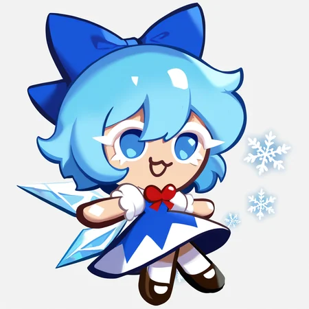 crk1styl111, year 2024, masterpiece, best quality, newest, absurdres, highres, cirno, blue eyes, blue bow, ice wings, floating, white background, full body, :3, eyelashes, snowflake, brown footwear, mary janes, white socks,