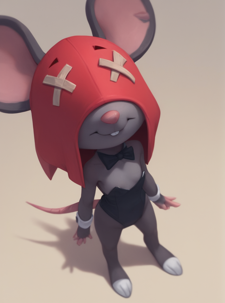 Score_9, Score_8_up, Score_7_up ,   <lora:bsmoe:1>,bsmoe ,mouse girl , furry female , red hood ,no visible eyes , playboy bunny,  flat chest , no nipples   smile , standing  ,tiny person , from above,