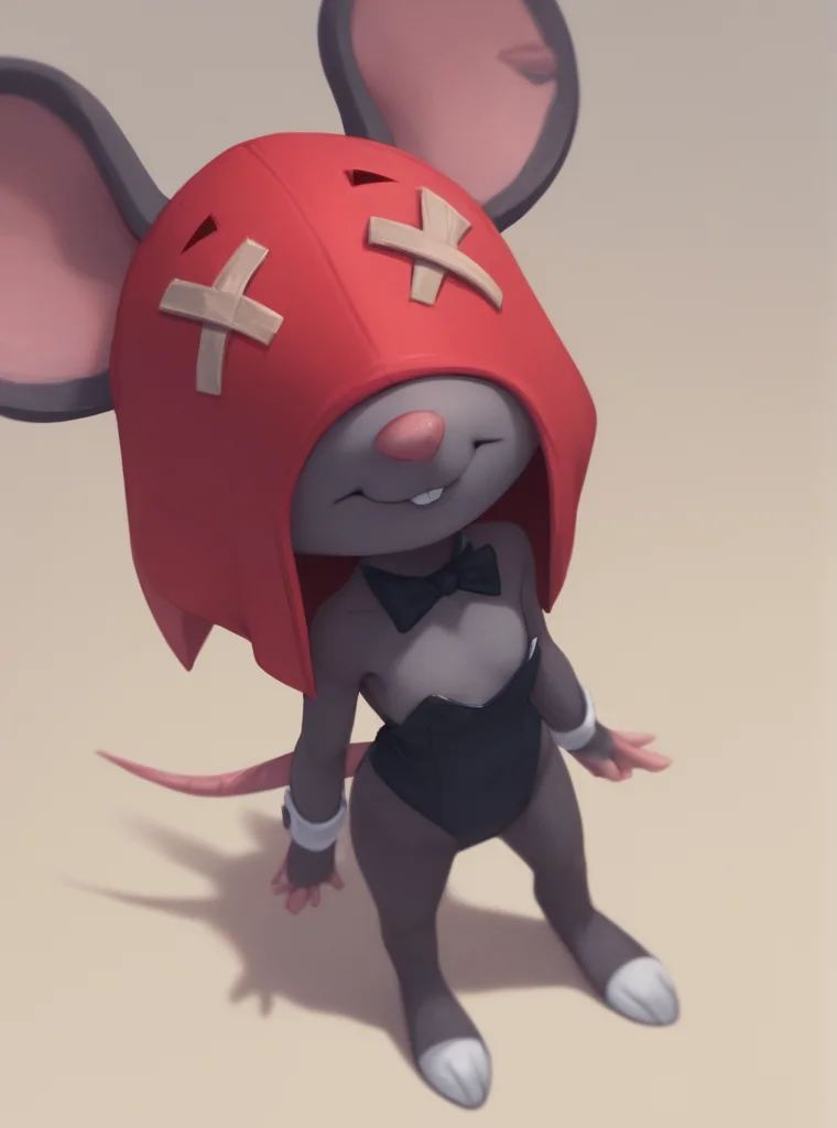 Score_9, Score_8_up, Score_7_up , <lora:bsmoe:1>,bsmoe ,mouse girl , furry female , red hood ,no visible eyes , playboy bunny, flat chest , no nipples smile , standing ,tiny person , from above,
