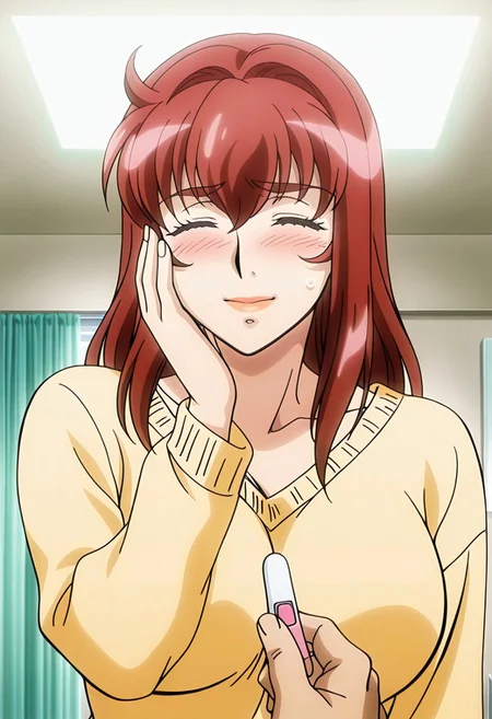 masterpiece, best quality, cinematic lighting, amazing quality, very aesthetic, absurdres, best quality, YUR1N45UZUK4Z3,
1girl, long hair, red hair, red eyes, hair intakes, hair between eyes, red eyebrows, red lips, (anime screenshot:1.1), (soft cel-shading:1.2), (lineart:1.2), (anime proportioned body:1.1), (natural anime shading:1.1),(solo:1.3), (:>:1.5), (blush:1.4), (large breasts:1.4), (closed eyes), (fingernails), (hand on own cheek:1.5), (hand on own face:1.5), (holding:1.4), (holding pregnancy test:1.5), (implied pregnancy:1.5), (large breasts:1.3), (long hair:1.4), (long sleeves:1.3), (nose blush:1.5), (pov:1.2), (pov hands:1.5), (pregnancy test:1.5), (single drill:1.5), (sweatdrop:1.5), (sweater), From 1boy perspective (pov, pov hands), her happy face is close, a bright blush and a small :> visible, her eyes closed in joy, a hand on her own cheek, the other hand holding 1boy with a pregnancy test placed within it, implied pregnancy radiating from her expression, nose blush, wearing a sweater with long sleeves, a small sweatdrop of happy nervousness. detailed background BREAK (cinematic shot), (dynamic angle), (official anime artwork, game cg style, visual novel game cg style, source_anime)  T5UM4N3T0R1