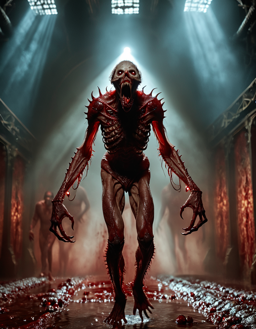 monsterlora, horror (theme), 1monster, teeth, many eyes, humanoid, arms, legs, portrait, walking, blood,cinematiclora,Cinematic Lighting, Dramatic lighting, high contrast, detailed shadows, high-resolution, emotional, harmonious, vignette, highly detailed, high budget, bokeh, cinemascope, moody, epic, gorgeous, film grain, grainy, monsterlora, horror (theme), 1monster, teeth, many eyes, humanoid, arms, legs, portrait, walking, blood, background very detailed, deep focus, beautiful, epic cinematic, dynamic light, illuminated, elaborate, highly intricate, true magic, silent, quiet, color, colorful, surreal, symmetry, full, artistic, pure, fair, open