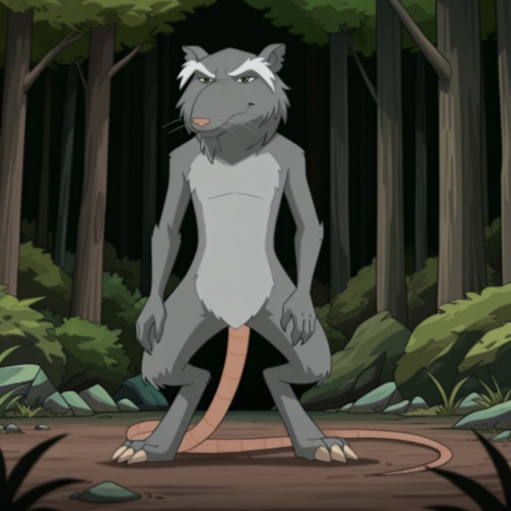 masterpiece, best quality, amazing quality, FFSplinter03IL, semi-anthro, male, rat_boy, grey fur, whiskers, brown eyes, rat tail,  in a forest, solo, full body, standing