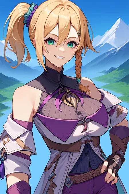 score_9, score_8_up, score_7_up, score_6_up, source_anime, 1girl, solo <lora:yskarja-pdxl-nvwls-v1-000005:1> ysKarja, blonde hair, green eyes, single braid, scrunchie, side ponytail, white coat, turtleneck, brooch, detached sleeves, purple pants, fingerless gloves, hand on hip, smile, upper body, mountains, looking at you, blue sky, big breasts