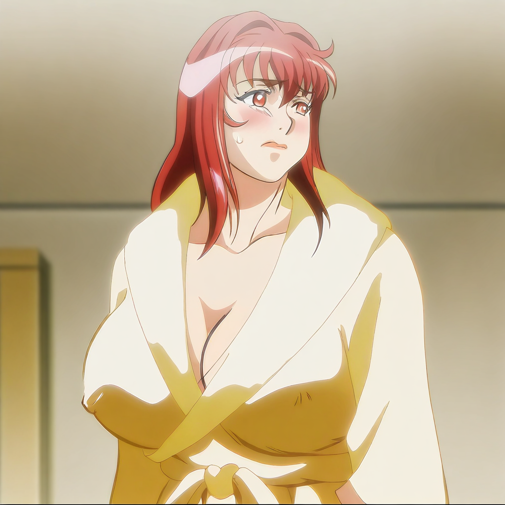 (YUR1N45UZUK4Z3:1.4), an anime styled image,YUR1N45UZUK4Z3, 1girl, long hair, red hair, red eyes, hair intakes, hair between eyes, mature female, huge breasts, solo, cleavage, looking to the side, blushing, embarrassed, yellow bathrobe, fuzzy bathrobe, yellow housecoat, cleavage, bare legs, mature female, milf, masterpiece, best quality, good quality, newest, indoors,