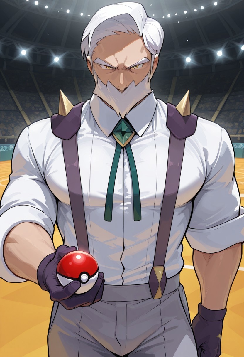 masterpiece, best quality, newest, extreme detail description, amazing quality, 1boy, solo, dr4yd3n_pkmn, mature male, muscular male, white hair, facial hair, yellow eyes, white shirt, suspenders, spikes, gem, purple gloves, gray pants, holding pokeball, arena background, pov, sunny
