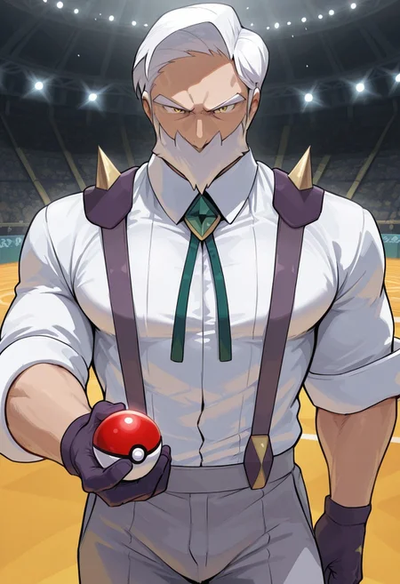 masterpiece, best quality, newest, extreme detail description, amazing quality, 1boy, solo, dr4yd3n_pkmn, mature male, muscular male, white hair, facial hair, yellow eyes, white shirt, suspenders, spikes, gem, purple gloves, gray pants, holding pokeball, arena background, pov, sunny