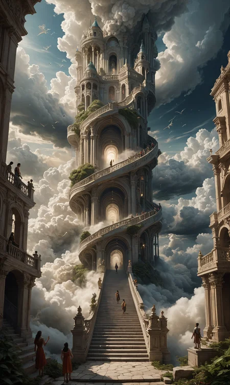 A surreal depiction of the quest for equality, represented by a vast, ((endless staircase winding through the clouds)), with diverse people climbing together toward a shining, elusive doorway at the top. The scene blends elements of fantasy and reality, with barriers along the path symbolizing various social obstacles. The mood is hopeful yet challenging, with ethereal lighting and symbolic motifs scattered throughout.  <lora:add-detail-xl:1>