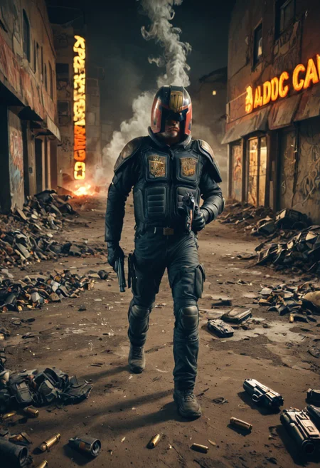 1 man,  judge dredd wearing helmet, shooting with a big gun, (in a car factory), running fast, full body, body armor, (big pistol), bullet casings, smoke, graffiti, trash on ground, bullet damage, blood on ground, bullet holes, (flaming car), dynamic lighting, (dark), (orange neon lights), extreme high quality, gritty, jdgdrdd, rubble, explosions,