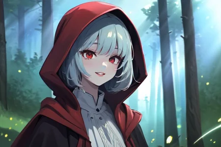(masterpiece:1.4), 4K8K, (anime style), (high shutterspeed:1.4), (sharp edges), 
SyFyEye1, FanFo, upper body, 
woman leaning foward, smile, closed mouth, wearing red hooded cloak, linen dress, red eyes, 
(Detailed face, Detailed eyes, Detailed lips), (solo), 
Fantastic Forest at fantasy, Fantastic,