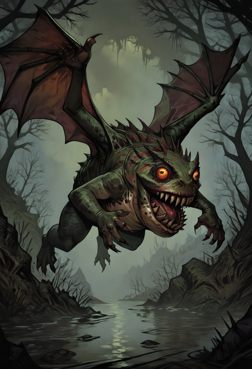 masterpiece, best quality, newest, absurdres, highres,  
TTCSV1.0, cherry-gig, 
Droad-V1.0, dragon, toad, frog, monster, no humans, animal focus, teeth, sharp teeth, claws, roar, open mouth, sharp claws, horror (theme), dark fantasy, swamp, wings, flying, solo, solo focus,