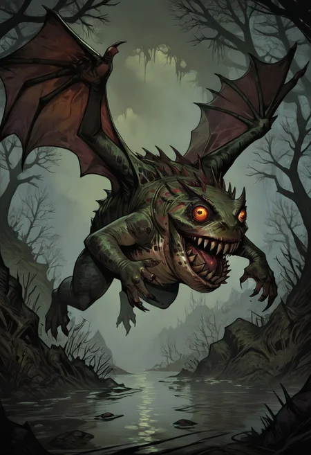 masterpiece, best quality, newest, absurdres, highres,
TTCSV1.0, cherry-gig,
Droad-V1.0, dragon, toad, frog, monster, no humans, animal focus, teeth, sharp teeth, claws, roar, open mouth, sharp claws, horror (theme), dark fantasy, swamp, wings, flying, solo, solo focus,