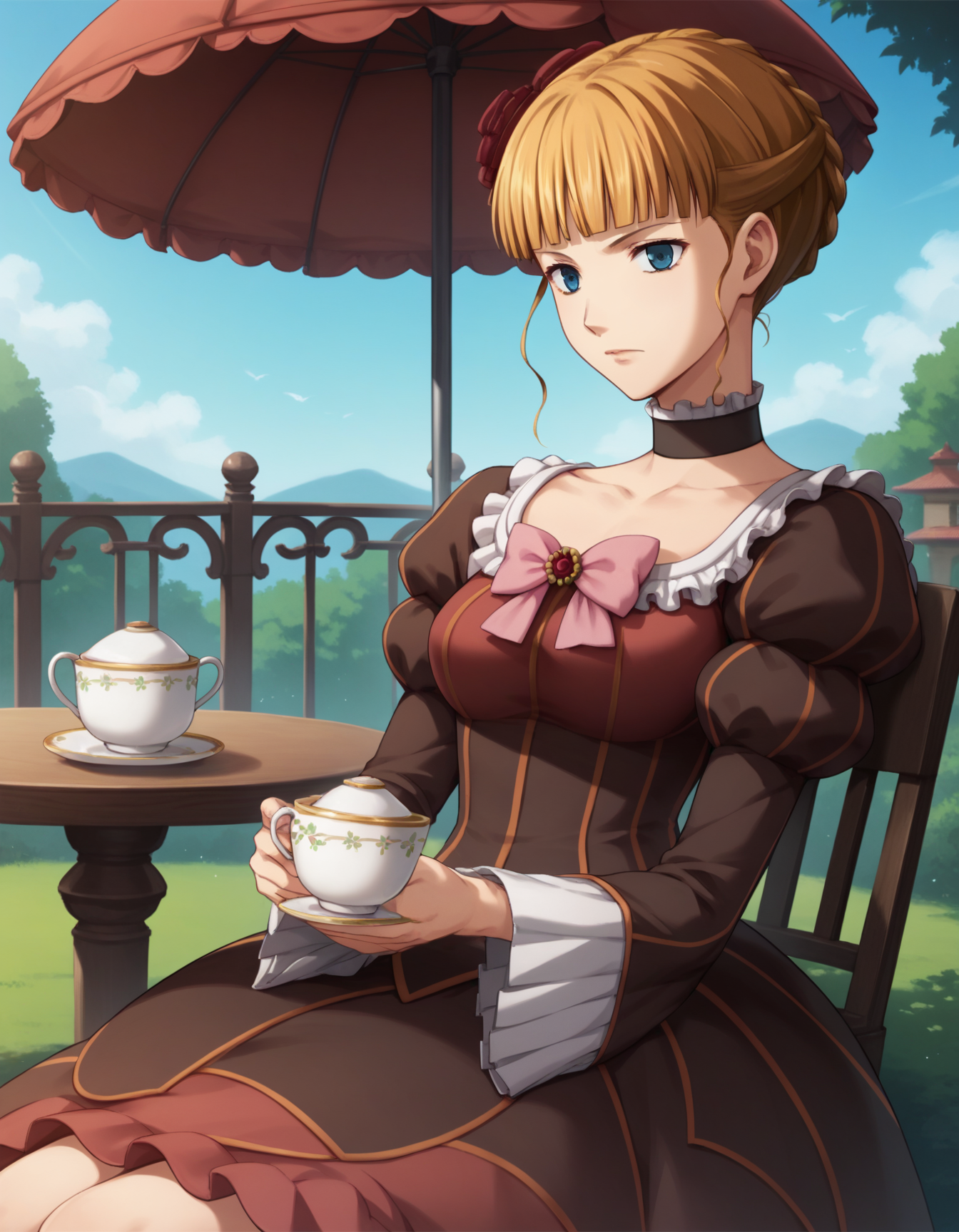 score_9, score_8_up, score_7_up, source_anime, 1girl, solo, beatrice \(umineko\), dress, pink bow, choker, outdoors, gazebo, sitting, on chair, table, teacup, <lora:Beatrice:1>